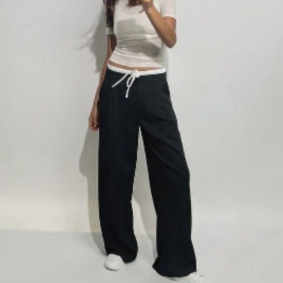 Zara Double Waisted Wide Leg Side Zip Black Drawstring Pants Size Medium - Picture 10 of 12